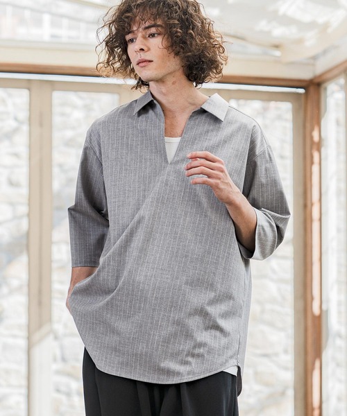 CAMBIO(カンビオ)の「ms6422-Classic Pinstripe Skipper 3-4 Sleeve Pullover Shirts 七分袖プルオーバーシャツ(S67826cmb)(シャツ/ブラウス・メンズ・ブラック/グレイッシュベージュ/チャコールグレー/ミックスグレー・S/M/L)」の11枚目の写真