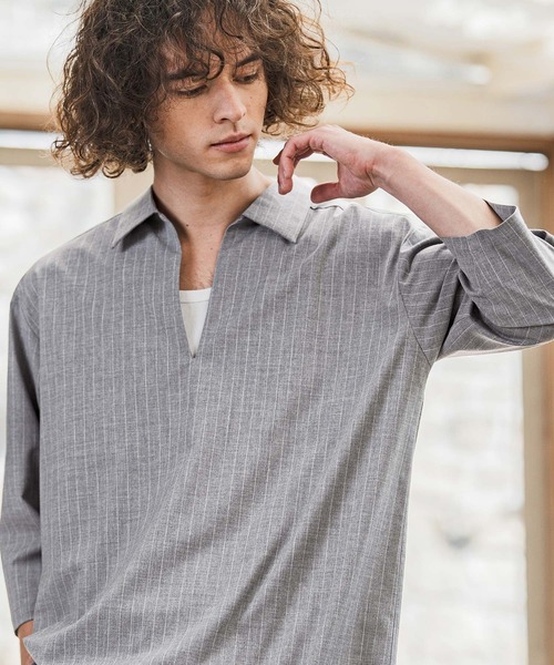 CAMBIO(カンビオ)の「ms6422-Classic Pinstripe Skipper 3-4 Sleeve Pullover Shirts 七分袖プルオーバーシャツ(S67826cmb)(シャツ/ブラウス・メンズ・ブラック/グレイッシュベージュ/チャコールグレー/ミックスグレー・S/M/L)」の12枚目の写真
