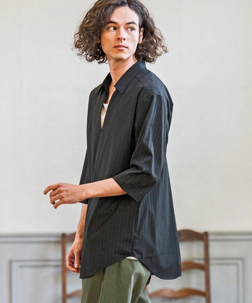 CAMBIO(カンビオ)の「ms6422-Classic Pinstripe Skipper 3-4 Sleeve Pullover Shirts 七分袖プルオーバーシャツ(S67826cmb)(シャツ/ブラウス・メンズ・ブラック/グレイッシュベージュ/チャコールグレー/ミックスグレー・S/M/L)」の16枚目の写真
