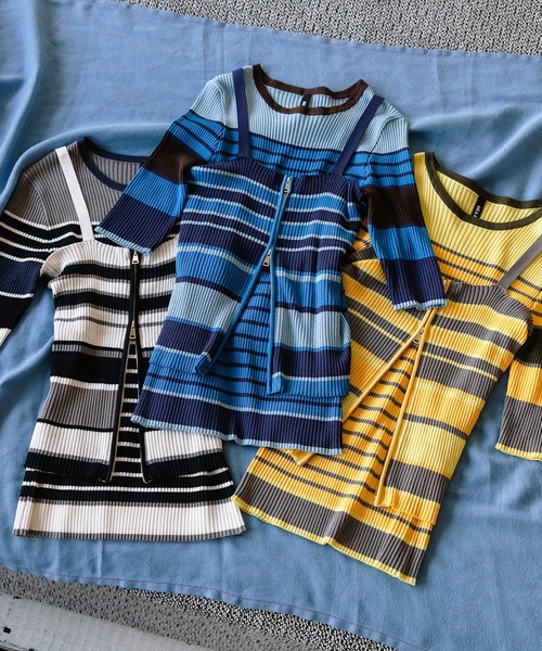 AULA AILA（アウラアイラ）の「レイヤードマルチボーダーニット（ニット/セーター・レディース・ブルー/イエロー/ブラック・0）」の4枚目の写真