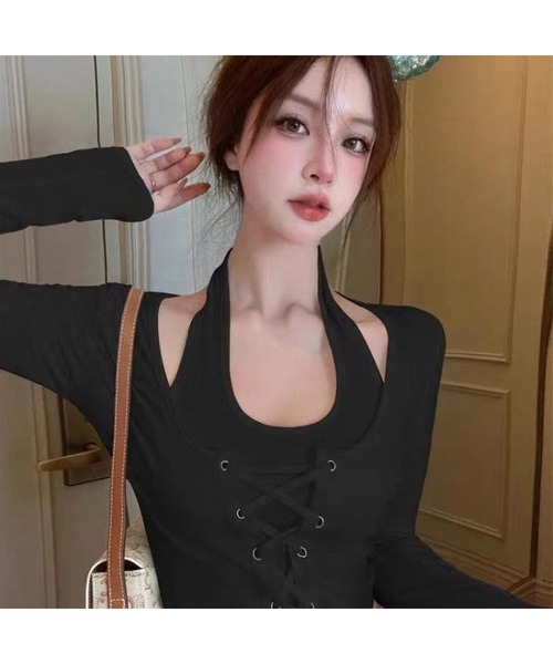 Bling Leads（ブリングリーズ）の「【Bls】 【ZL】【Bling Leads】ホルダーネック 編み上げトップス（Tシャツ/カットソー・レディース・モカ/ホワイト/ブラック・FREE）」の2枚目の写真