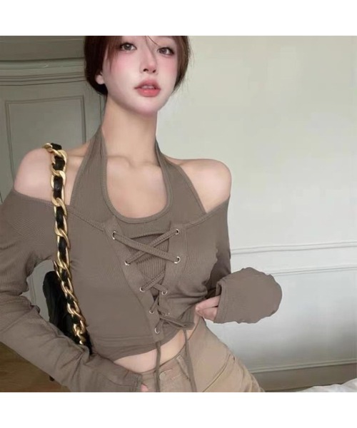 Bling Leads（ブリングリーズ）の「【Bls】 【ZL】【Bling Leads】ホルダーネック 編み上げトップス（Tシャツ/カットソー・レディース・モカ/ホワイト/ブラック・FREE）」の3枚目の写真