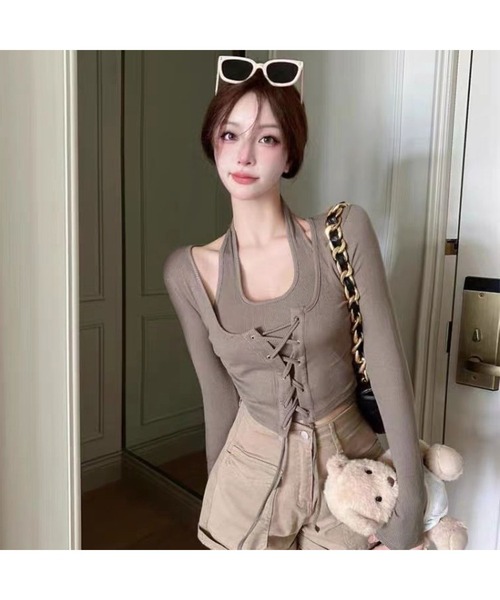 Bling Leads（ブリングリーズ）の「【Bls】 【ZL】【Bling Leads】ホルダーネック 編み上げトップス（Tシャツ/カットソー・レディース・モカ/ホワイト/ブラック・FREE）」の6枚目の写真