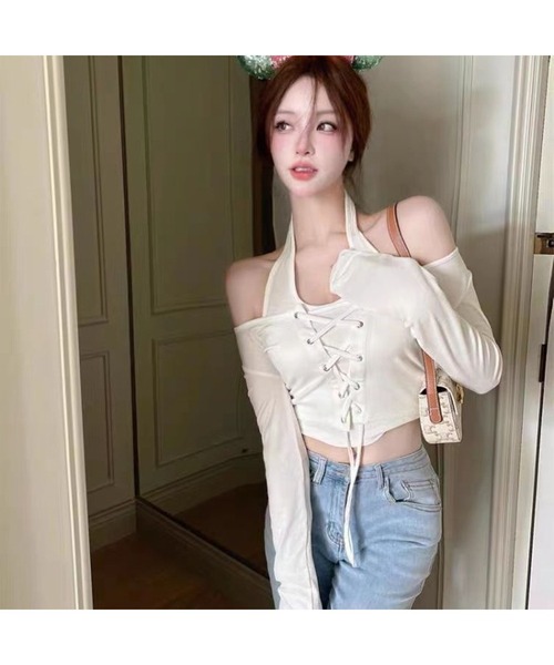 Bling Leads（ブリングリーズ）の「【Bls】 【ZL】【Bling Leads】ホルダーネック 編み上げトップス（Tシャツ/カットソー・レディース・モカ/ホワイト/ブラック・FREE）」の5枚目の写真