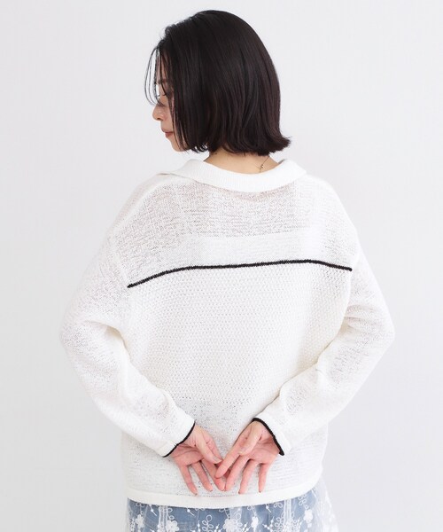 OPAQUE.CLIP(オペークドットクリップ)の「テープヤーンキーネックニット【洗濯機OK】(ニット/セーター・レディース・イエロー系その他/ネイビー/ホワイト・00)」の9枚目の写真
