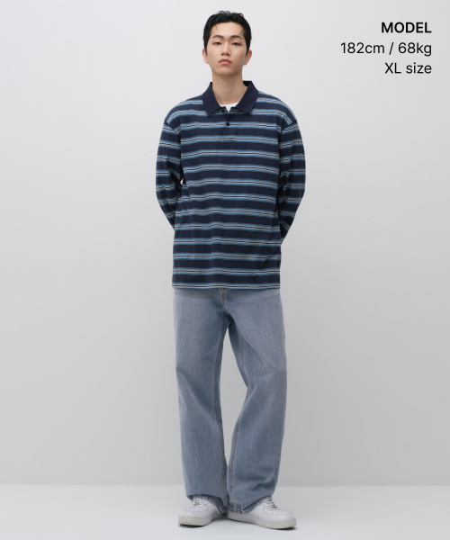 MUSINSA STANDARD（ムシンサスタンダード）の「マルチストライプ長袖ポロシャツ[ネイビー]（Tシャツ/カットソー・メンズ・その他・SMALL/MEDIUM/LARGE/X-LARGE/2XL/3XL）」の3枚目の写真