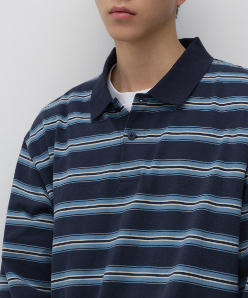 MUSINSA STANDARD（ムシンサスタンダード）の「マルチストライプ長袖ポロシャツ[ネイビー]（Tシャツ/カットソー・メンズ・その他・SMALL/MEDIUM/LARGE/X-LARGE/2XL/3XL）」の5枚目の写真