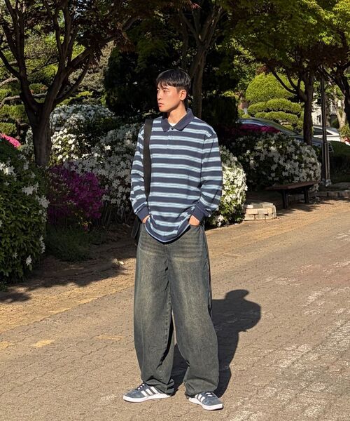 MUSINSA STANDARD（ムシンサスタンダード）の「マルチストライプ長袖ポロシャツ[ネイビー]（Tシャツ/カットソー・メンズ・その他・SMALL/MEDIUM/LARGE/X-LARGE/2XL/3XL）」の2枚目の写真