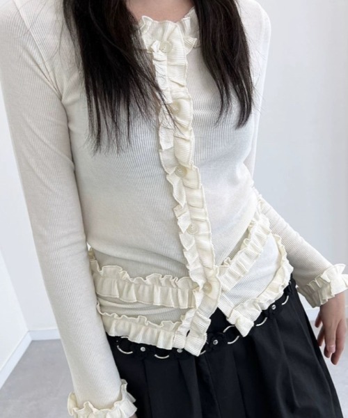 Vipoa(ヴィポア)の「frill cardigan tops(カーディガン/ボレロ・レディース・ブラック/アイボリー・FREE)」の6枚目の写真