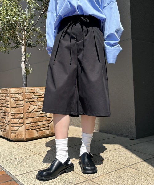 黒 ハーフパンツ ウエストゴム ポケット付き ISOOK / アイスー】ウエストリボンバミューダパンツ / ハーフパンツ
