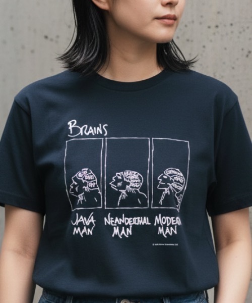 Cotton Expressions(コットンエクスプレッションズ)の「DESIGN TEE/【Cotton Expressions】BRAINS 人類進化グラフィックTシャツ / 脳 サイエンス アートプリント ユニセックス オーバーサイズ(Tシャツ/カットソー・メンズ・ネイビー・MEDIUM)」の3枚目の写真
