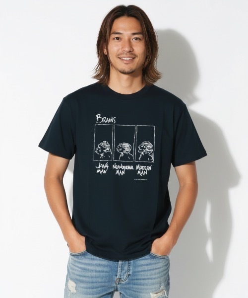 Cotton Expressions(コットンエクスプレッションズ)の「DESIGN TEE/【Cotton Expressions】BRAINS 人類進化グラフィックTシャツ / 脳 サイエンス アートプリント ユニセックス オーバーサイズ(Tシャツ/カットソー・メンズ・ネイビー・MEDIUM)」の5枚目の写真
