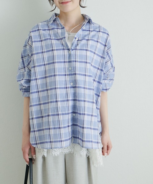PUAL CE CIN(ピュアルセシン)の「綿麻チェックオーバーシャツブラウス(シャツ/ブラウス・レディース・グレー/ネイビー・FREE)」の2枚目の写真