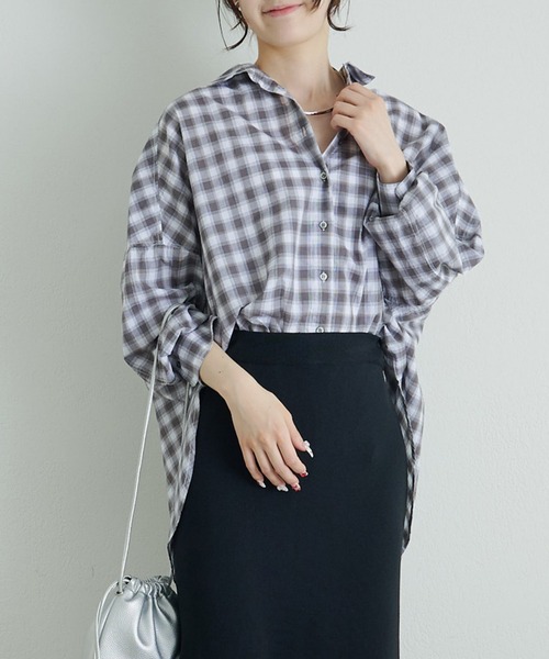 PUAL CE CIN(ピュアルセシン)の「綿麻チェックオーバーシャツブラウス(シャツ/ブラウス・レディース・グレー/ネイビー・FREE)」の9枚目の写真