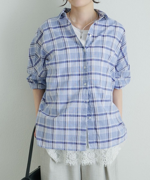 PUAL CE CIN(ピュアルセシン)の「綿麻チェックオーバーシャツブラウス(シャツ/ブラウス・レディース・グレー/ネイビー・FREE)」の3枚目の写真