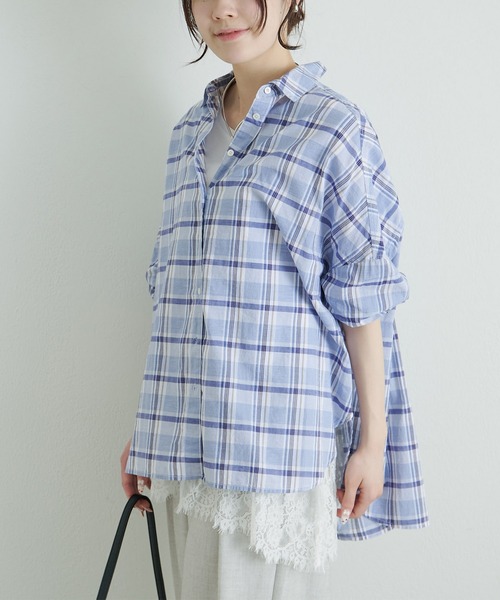 PUAL CE CIN(ピュアルセシン)の「綿麻チェックオーバーシャツブラウス(シャツ/ブラウス・レディース・グレー/ネイビー・FREE)」の4枚目の写真