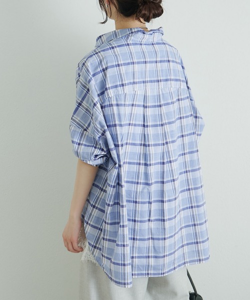 PUAL CE CIN(ピュアルセシン)の「綿麻チェックオーバーシャツブラウス(シャツ/ブラウス・レディース・グレー/ネイビー・FREE)」の5枚目の写真