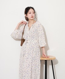デシンレトロフラワープリントワンピース 半端袖