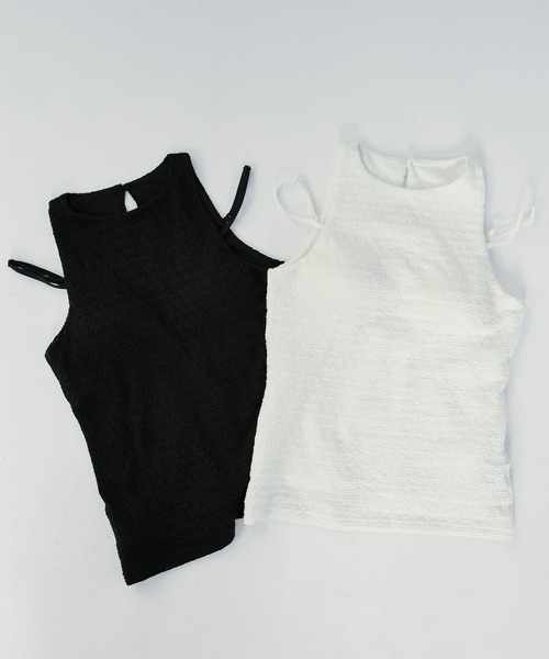 Ezick(エジック)の「Padded bubble jacquard inner/パッドツキフクレジャガードホルターネックタンク(タンクトップ・レディース・ブラック/オフホワイト・FREE)」の18枚目の写真