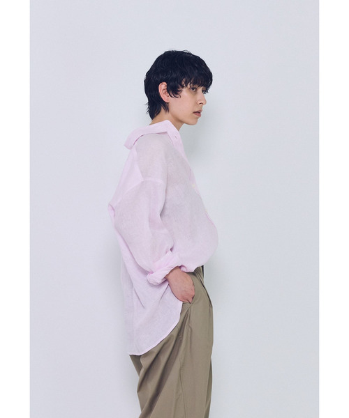 かぐれ　完売　麻100% ピンク　シャツブラウス 全2色】桜ピンク＆ネモフィラブルーのゆったりストライプシャツ