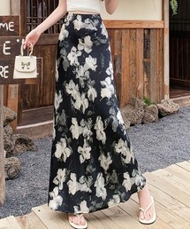 立体プリント アセテートサテン ウエストゴム マーメイドシルエット ミディロングスカート