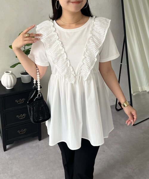 prose verse(プロズヴェール)の「メッシュフリルドッキングペプラムTシャツ(Tシャツ/カットソー・レディース・ブラック/オフホワイト・MEDIUM/LARGE)」の12枚目の写真