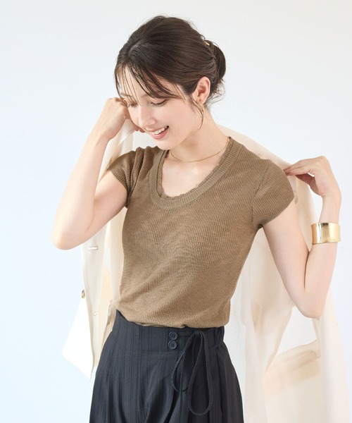 Futier land（フューティアランド）の「透かし編みサマーニットトップス（Tシャツ/カットソー・レディース・ライトブルー/ネイビー/ブラウン/オフホワイト・FREE）」の16枚目の写真