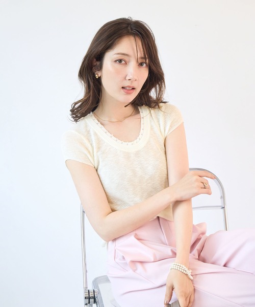 Futier land（フューティアランド）の「透かし編みサマーニットトップス（Tシャツ/カットソー・レディース・ライトブルー/ネイビー/ブラウン/オフホワイト・FREE）」の5枚目の写真