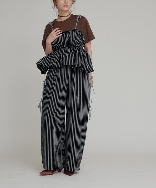 W:Huku(フーク)の「【W:Huku / ブロードストライプ】サイド リボン パンツ / Broad Stripe Side Ribbon Pants(その他パンツ・レディース・ブラック/ブラウン/ブルー/ベージュ・FREE)」の1枚目の写真