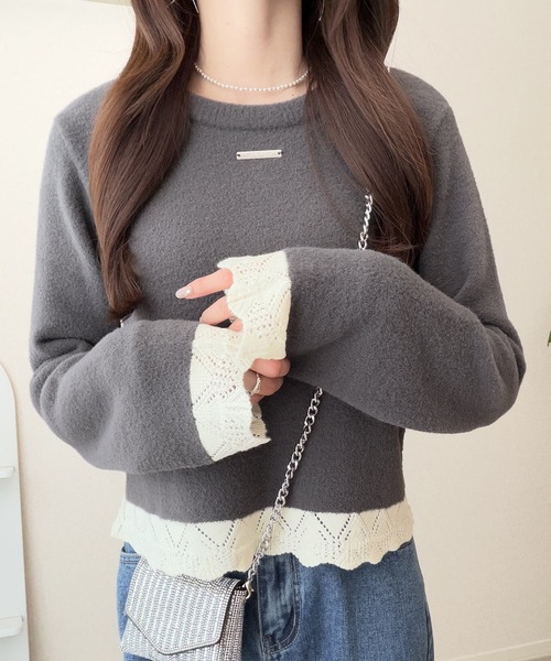 mily bilet（ミウィビレット）の「【mily bilet】裾レースとパールが、大人の甘さを引き立てる。前後2way配色ニットレースカーディガン（カーディガン/ボレロ・レディース・ブルー/レッド/アイボリー/チャコール・LARGE/X-LARGE/SMALL/MEDIUM）」の15枚目の写真