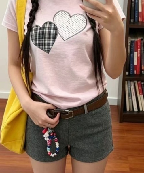 AsRiRe（アスリレイ）の「パッチワークハート刺繍コンパクトTシャツ（Tシャツ/カットソー・レディース・ピンク/ホワイト・M）」の6枚目の写真