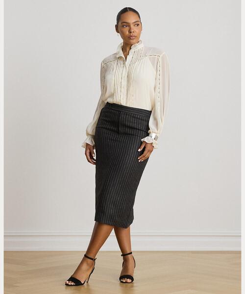 LAUREN RALPH LAUREN(ローレン ラルフ ローレン)の「チョークストライプ リネン ペンシル ミディ スカート(スカート・レディース・ブラック系1・2/0/4/00)」の7枚目の写真