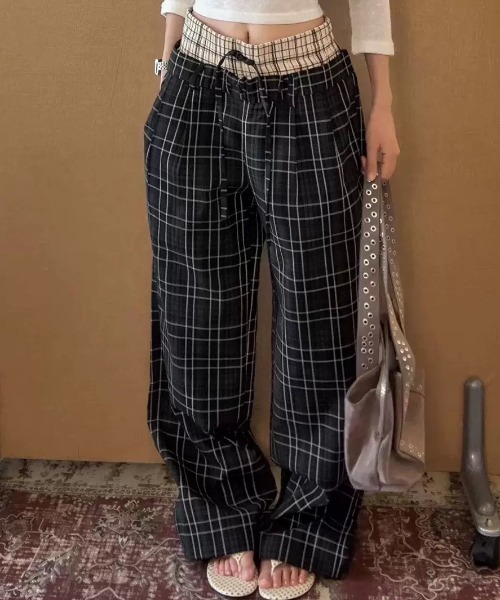 FreeZone(フリーゾーン)の「ダブルウエスト切り替え シワ感チェックワイドパンツ(スウェットパンツ・メンズ・ブラック・SMALL/MEDIUM/LARGE)」の11枚目の写真