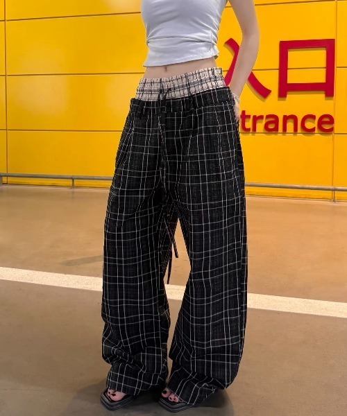 FreeZone(フリーゾーン)の「ダブルウエスト切り替え シワ感チェックワイドパンツ(スウェットパンツ・メンズ・ブラック・SMALL/MEDIUM/LARGE)」の5枚目の写真