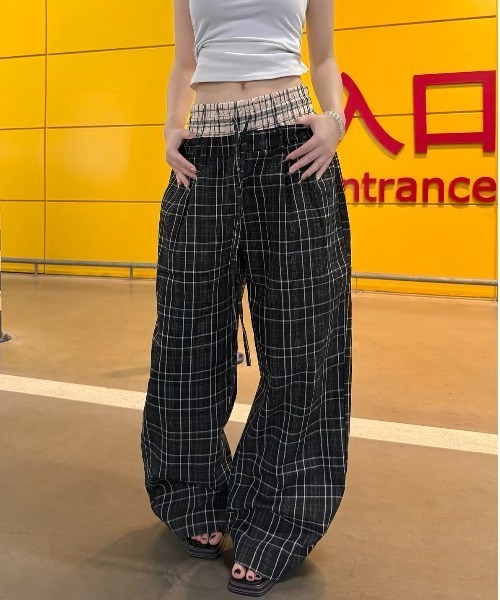 FreeZone(フリーゾーン)の「ダブルウエスト切り替え シワ感チェックワイドパンツ(スウェットパンツ・メンズ・ブラック・SMALL/MEDIUM/LARGE)」の6枚目の写真