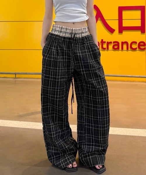 FreeZone(フリーゾーン)の「ダブルウエスト切り替え シワ感チェックワイドパンツ(スウェットパンツ・メンズ・ブラック・SMALL/MEDIUM/LARGE)」の7枚目の写真