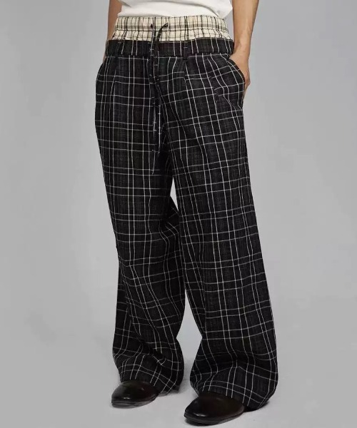 FreeZone(フリーゾーン)の「ダブルウエスト切り替え シワ感チェックワイドパンツ(スウェットパンツ・メンズ・ブラック・SMALL/MEDIUM/LARGE)」の19枚目の写真