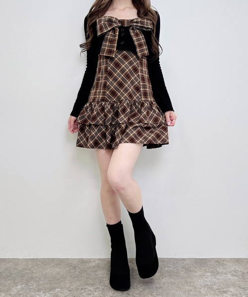 INGNI(イング)の「チェック柄リボンミニキャミワンピース+リブカーディガンセット(セットアップ・レディース・ブラウン系その他5/ブラック系3・M)」の17枚目の写真