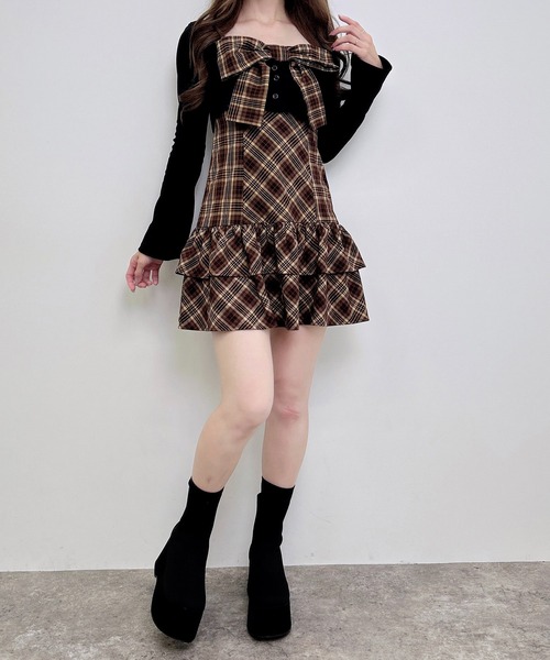 INGNI(イング)の「チェック柄リボンミニキャミワンピース+リブカーディガンセット(セットアップ・レディース・ブラウン系その他5/ブラック系3・M)」の18枚目の写真