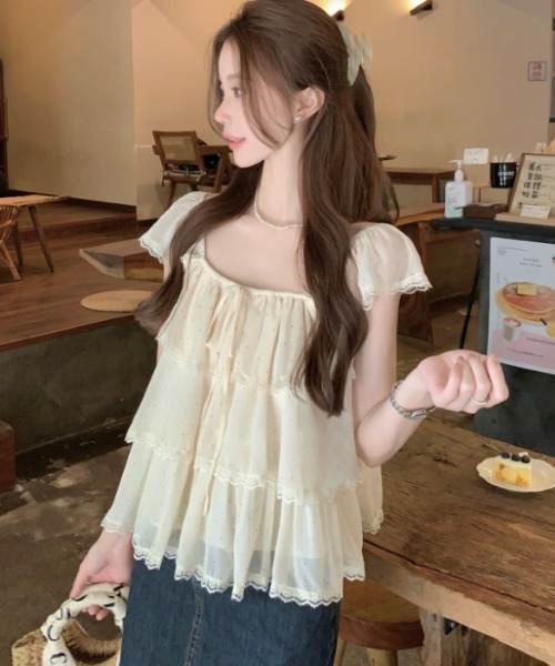 Aelina(エリナ)の「ドット柄レースフリルトップス(シャツ/ブラウス・レディース・スモークピンク/ベージュ・FREE)」の19枚目の写真