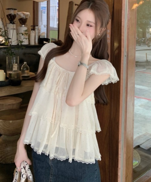 Aelina(エリナ)の「ドット柄レースフリルトップス(シャツ/ブラウス・レディース・スモークピンク/ベージュ・FREE)」の18枚目の写真