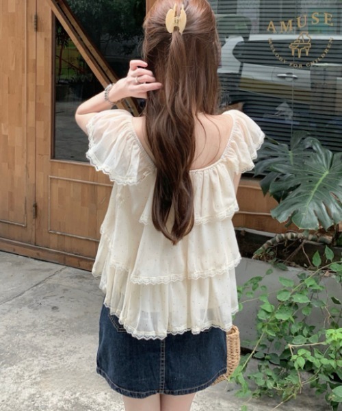 Aelina(エリナ)の「ドット柄レースフリルトップス(シャツ/ブラウス・レディース・スモークピンク/ベージュ・FREE)」の15枚目の写真