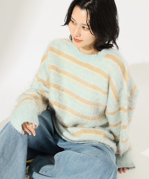 JOURNAL STANDARD（ジャーナルスタンダード）の「《新色あり/WEB限定追加》マルチボーダーシャギーニット（ニット/セーター・レディース・ブラック/サックスブルー・FREE）」の12枚目の写真