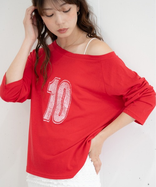 bashful base Oriental(バッシュフルベースオリエンタル)の「【bbO】ルーズネックナンバリングクロップドロンT(Tシャツ/カットソー・レディース・レッド/ホワイト/ブラック・FREE)」の3枚目の写真