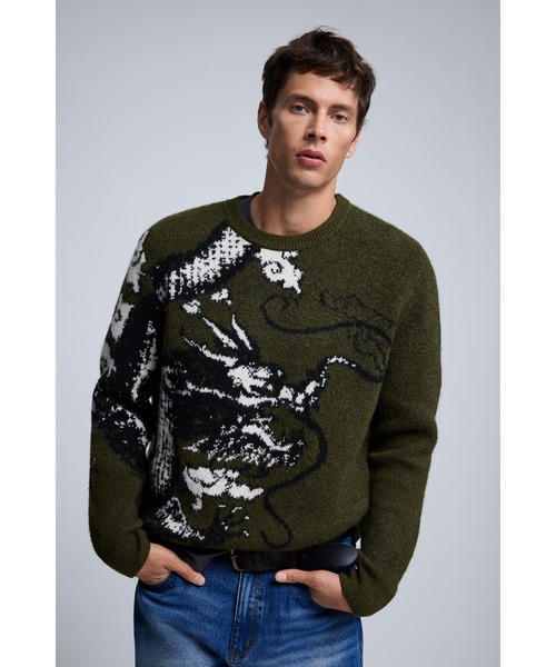 Desigual(デシグアル)の「ドラゴン織り込み長袖セーター|Desigual 2026秋冬新作(ニット/セーター・メンズ・グリーン・S/M)」の2枚目の写真