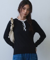 pearl button lace trim knit top / パールボタンレーストリムニットトップス