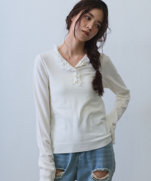 Clum(クルム)の「pearl button lace trim knit top / パールボタンレーストリムニットトップス(Tシャツ/カットソー・レディース・ホワイト/ブラック・FREE)」の21枚目の写真