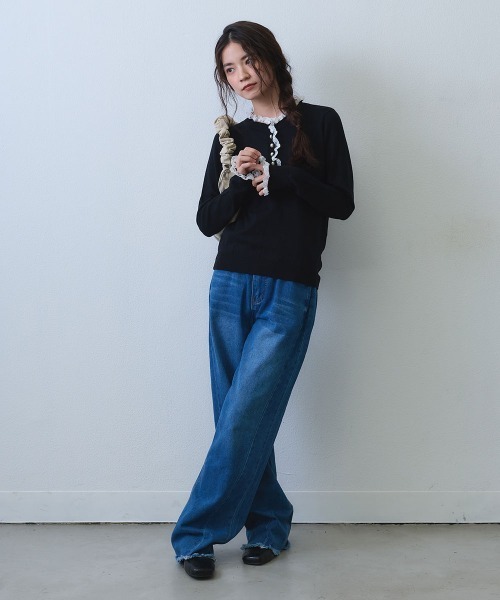 Clum(クルム)の「pearl button lace trim knit top / パールボタンレーストリムニットトップス(Tシャツ/カットソー・レディース・ホワイト/ブラック・FREE)」の9枚目の写真