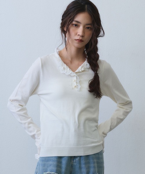Clum(クルム)の「pearl button lace trim knit top / パールボタンレーストリムニットトップス(Tシャツ/カットソー・レディース・ホワイト/ブラック・FREE)」の13枚目の写真