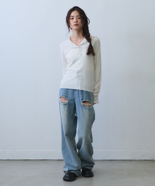 Clum(クルム)の「pearl button lace trim knit top / パールボタンレーストリムニットトップス(Tシャツ/カットソー・レディース・ホワイト/ブラック・FREE)」の14枚目の写真